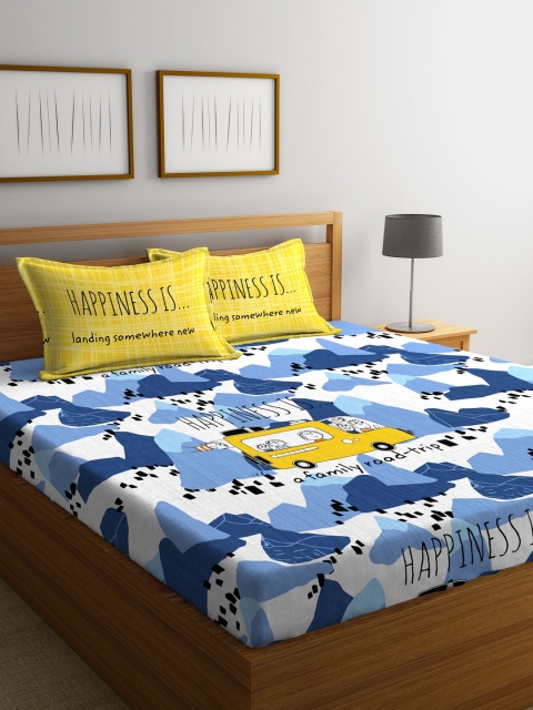 

Portico New York White & Blue Graphic 144 TC Cotton 1 Queen Bedsheet with 2 Pillow Covers