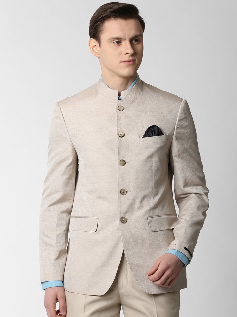 

Peter England Elite Men Beige Self-Design Slim-Fit Bandhgala Blazer