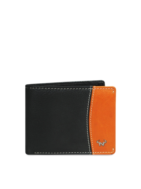 

CALFNERO Men Black & Orange Colourblocked Two Fold Leather Wallet