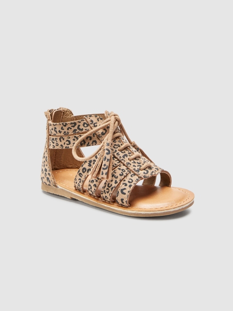 

next Girls Tan Printed Leather Open Toe Leather Flats