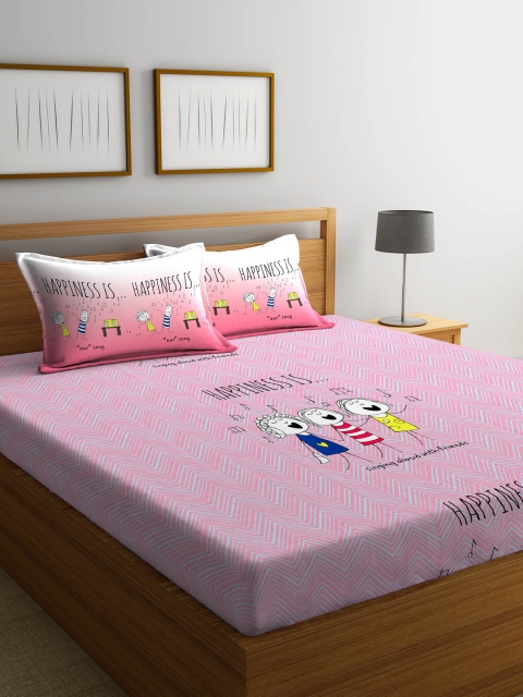 

Portico New York Pink Graphic 144 TC Cotton 1 Queen Bedsheet with 2 Pillow Covers