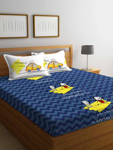 

Portico New York Blue & Yellow Graphic 144 TC Cotton 1 Queen Bedsheet with 2 Pillow Covers
