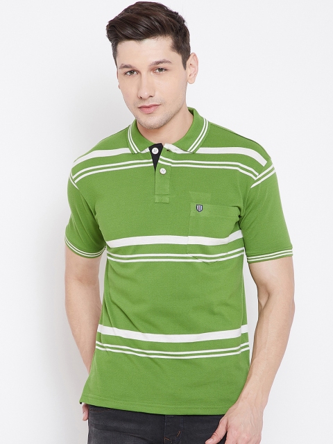

Duke Men Green Striped Polo Collar T-shirt
