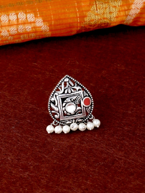 

Studio Voylla Women Oxidised Silver-Plated & Red Enamelled Adjustable Finger Ring