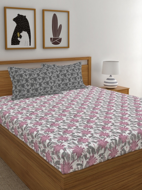 

Trident White & Pink Floral 120 TC Cotton 1 Queen Bedsheet with 2 Pillow Covers