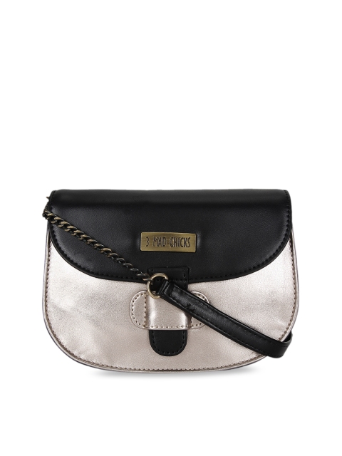 

3 Mad Chicks Black & Silver-Toned Colourblocked Sling Bag
