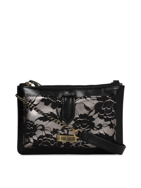 

3 Mad Chicks Black Self Design Sling Bag
