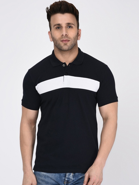 

WILD WEST Men Black & White Colourblocked Polo Collar T-shirt