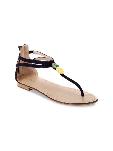 

Saint G Women Black Solid Leather T-Strap Flats