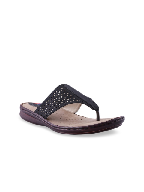 

MSC Women Black Solid Laser Cuts T-Strap Flats