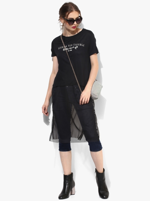 

People Women Black Printed Longline Semi- Sheer Top
