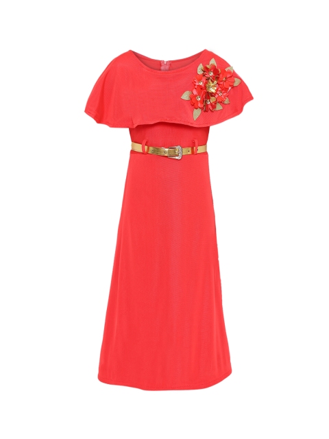Aarika Girls Coral Orange Solid Fit and Flare Embellished Dress