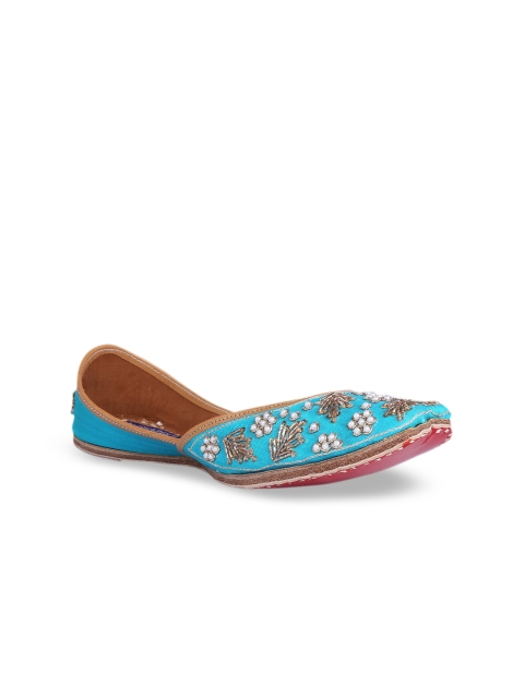 

MSC Women Turquoise Blue Woven Design Leather Mojaris