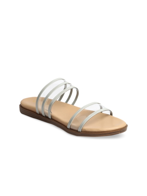 

VALIOSAA Women Grey Solid Synthetic Patent Open Toe Flats