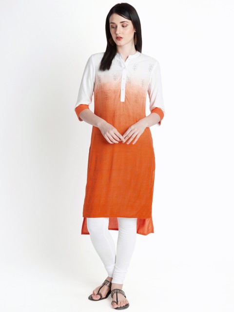 

RANGMANCH BY PANTALOONS Women Orange & White Colourblocked Straight Kurta