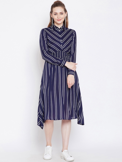 

Zastraa Women Navy Blue & White Striped Midi Shirt Dress