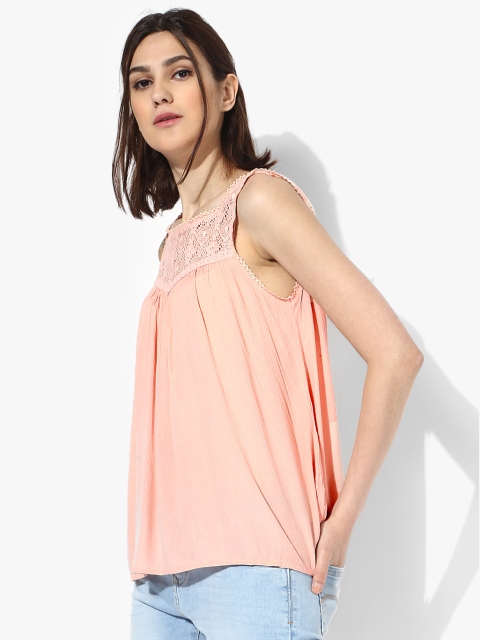 

People Women Peach-Coloured Solid Top With Lace Detail