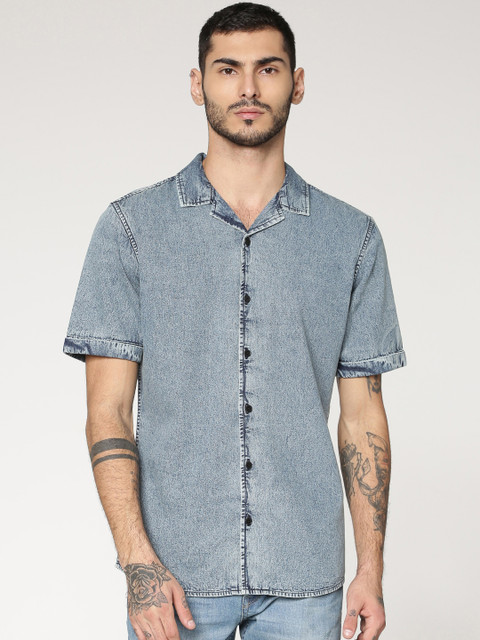 

ONLY & SONS Men Blue Regular Fit Faded Denim Casual Shirt