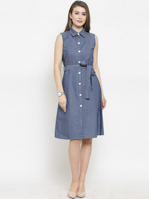

WESTCLO Women Blue Solid Chambray Shirt Dress