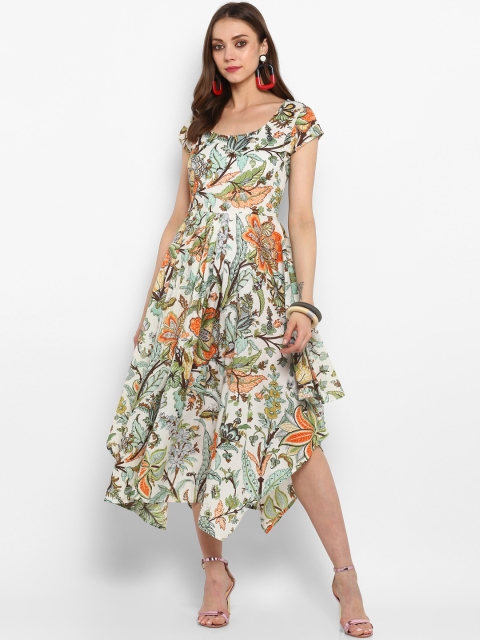 

MBE Women White & Green Printed Fit and Flare Dress