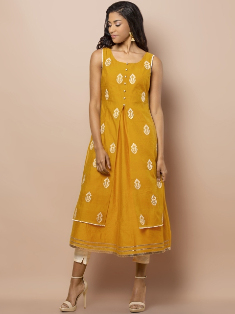 

INDYA Women Mustard Embroidered Layered Chanderi Kurta, Yellow