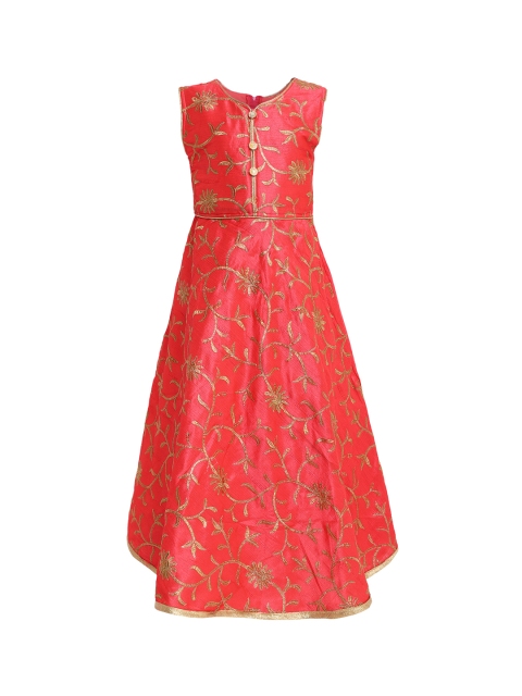 

Aarika Girls Coral Red Self Design Maxi Dress