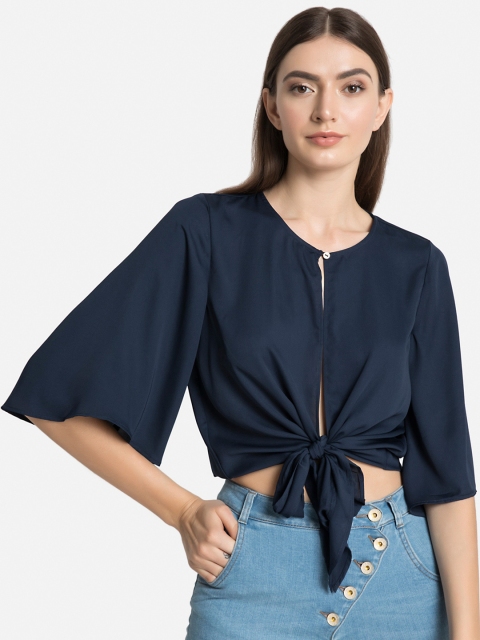 

Kazo Women Navy Blue Solid Crop Top