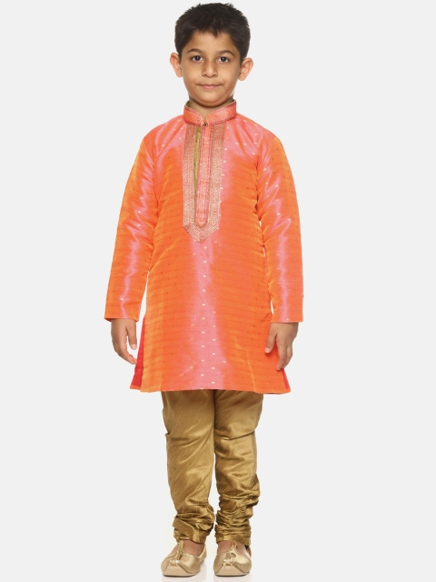La Bele Boys Coral Orange & Golden Self Design Kurta with Pyjamas