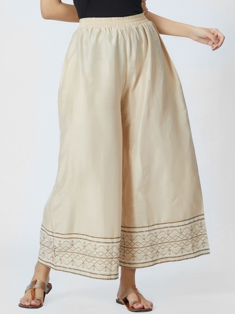 

breya Women Beige Flared Embroidered Palazzos