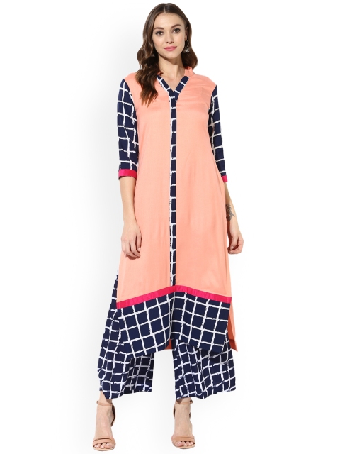 

MBE Women Peach-Coloured & Navy Blue Solid Kurta with Palazzos