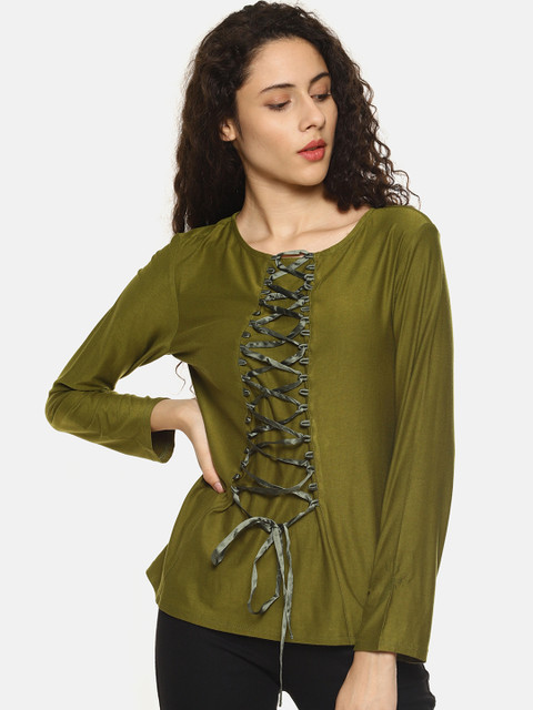 

AARA Women Olive Green Solid Top