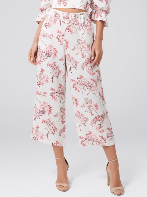 

Forever New Women White & Pink Regular Fit Printed Culottes