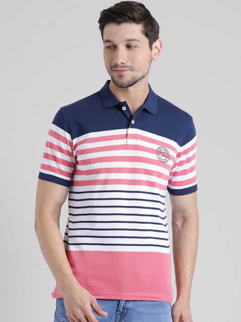 

COBB Men Pink Striped Polo Collar T-shirt