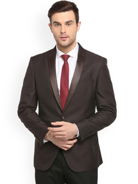 

Van Heusen Men Brown Self Design Slim-Fit Tuxedo Blazer