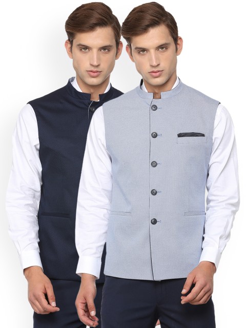 

Van Heusen Men Pack of 2 Blue Woven Nehru Jackets