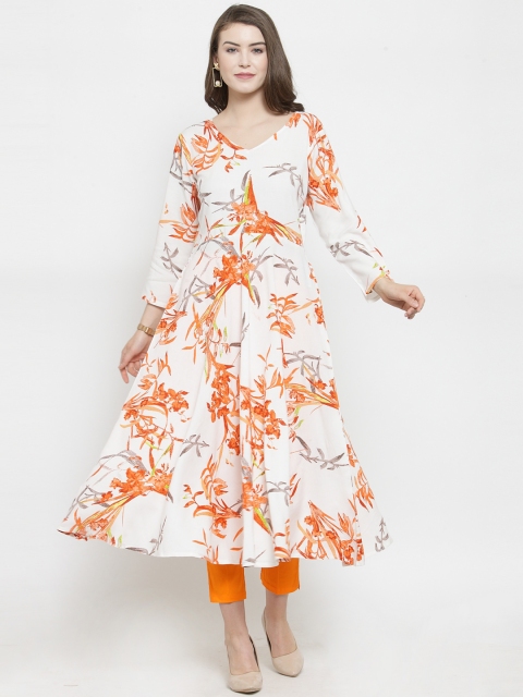 

Jompers Women White & Orange Printed Kurta with Trousers