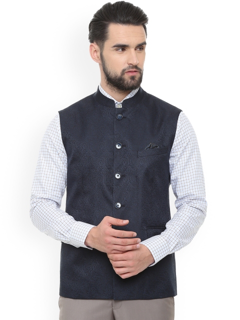 Van Heusen Men Navy Blue Printed Woven Nehru Jacket