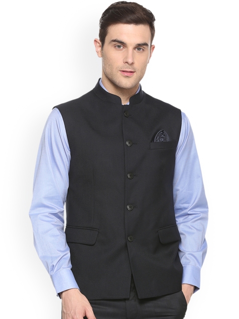 

Van Heusen Men Black Solid Woven Nehru Jacket