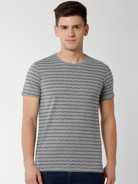 

Peter England Casuals Men Grey Striped Round Neck T-shirt