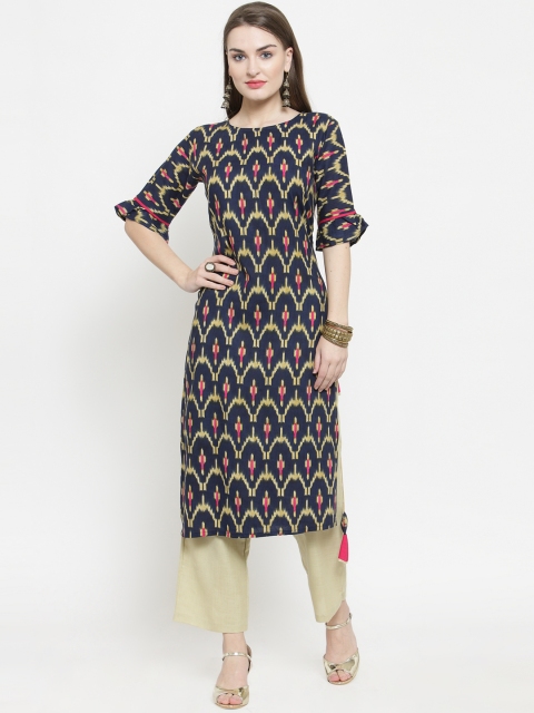 

Indibelle Women Blue Printed Straight Kurta