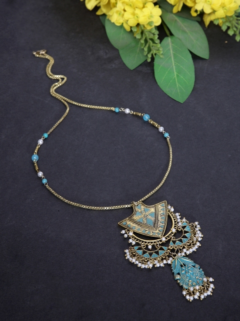 AKS Blue Antique Gold-Plated Beaded Enamelled Handcrafted Necklace