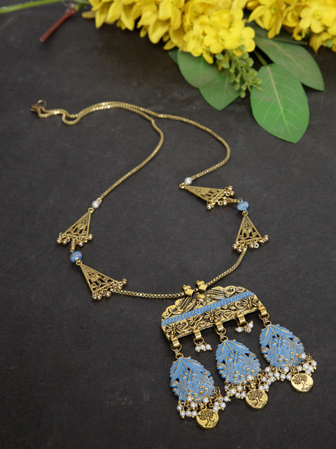 

AKS Blue Antique Gold-Plated Beaded Enamelled Handcrafted Necklace