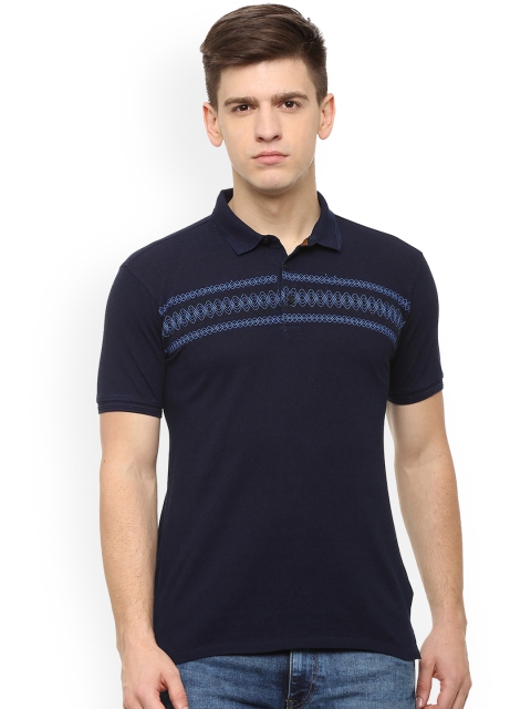 

V Dot Men Navy Blue Printed Polo Collar T-shirt