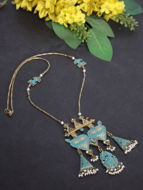 AKS Blue Antique Gold-Plated Beaded Enamelled Handcrafted Necklace