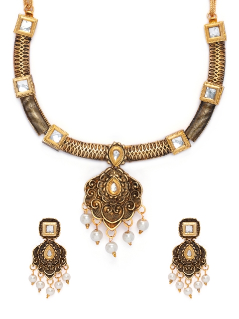

Rubans Antique Gold-Toned & Off-White Handcrafted Rhinestone-Studded Jewellery Set
