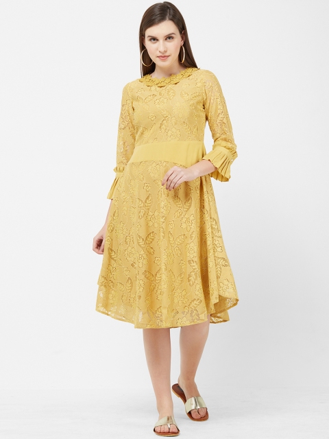

Soie Women Mustard Yellow Self Design Fit and Flare Dress