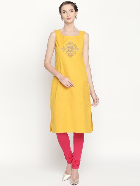 

RANGMANCH BY PANTALOONS Women Yellow Yoke Design A-Line Kurta