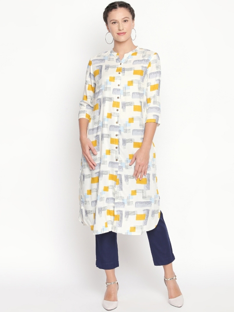 RANGMANCH BY PANTALOONS Women Off-White & Yellow Printed Straight Kurta