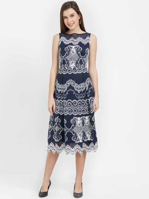 

Soie Women Navy Blue Printed Fit and Flare Dress