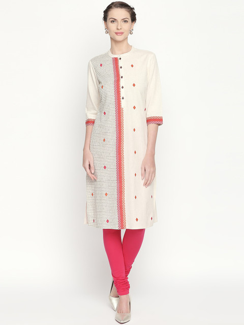 

RANGMANCH BY PANTALOONS Women Off-White & Pink Printed Straight Kurta